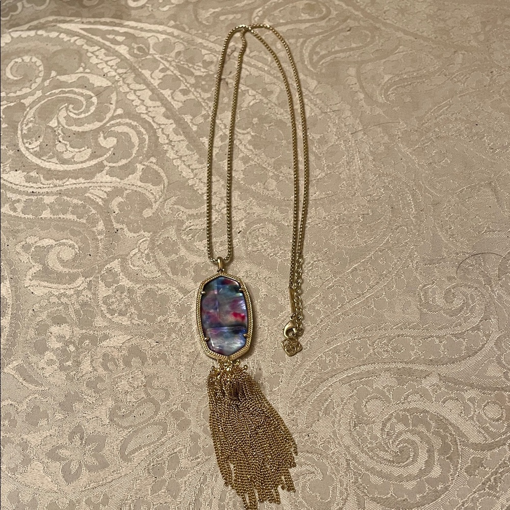 Kendra Scott Rayne Long Platinum-Like Necklace with Blue and Pink Pendant in EUC